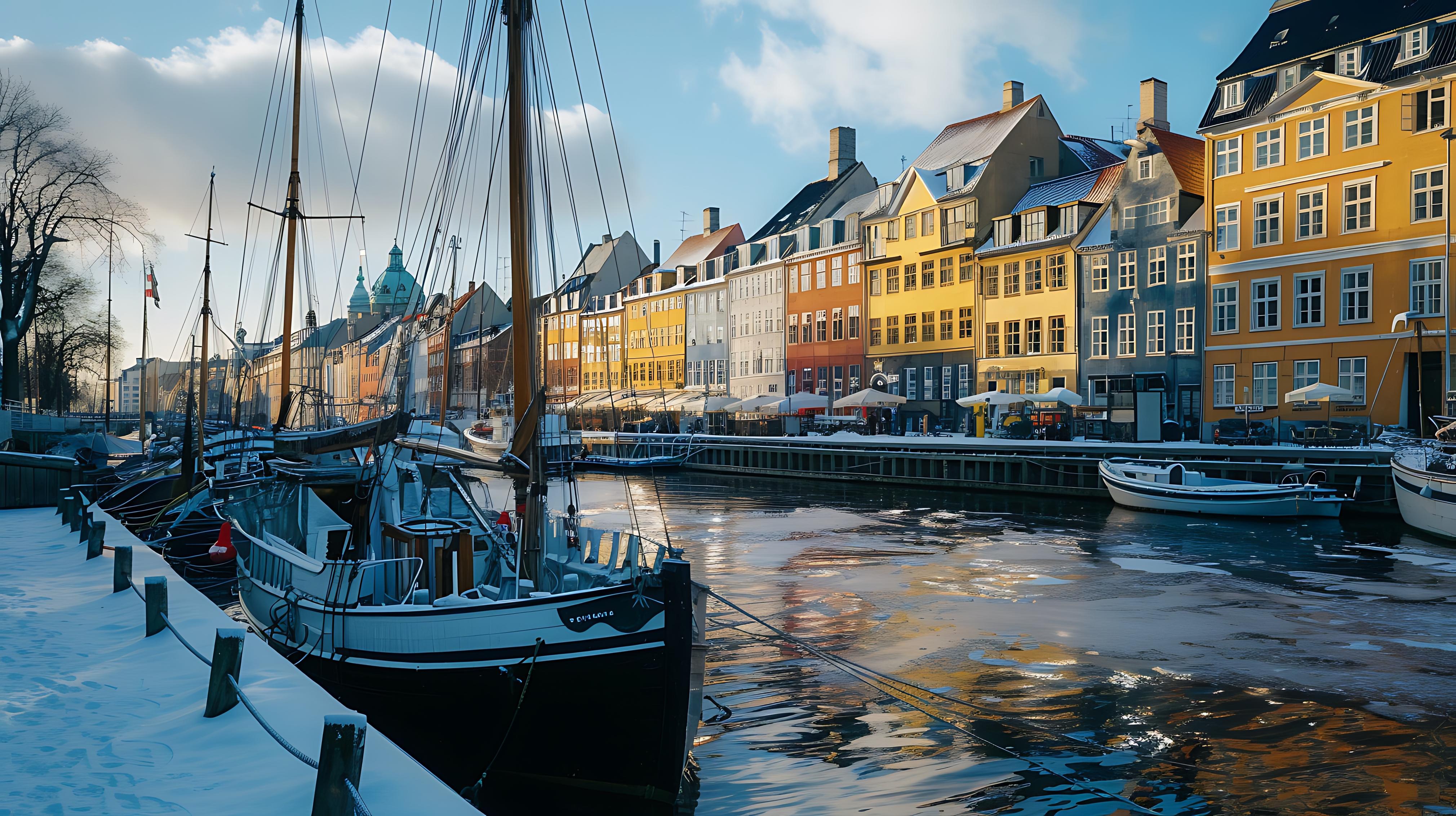 Winter Scene Of Colorful Buildings And Boats In A Canal In Copenhagen Denmark