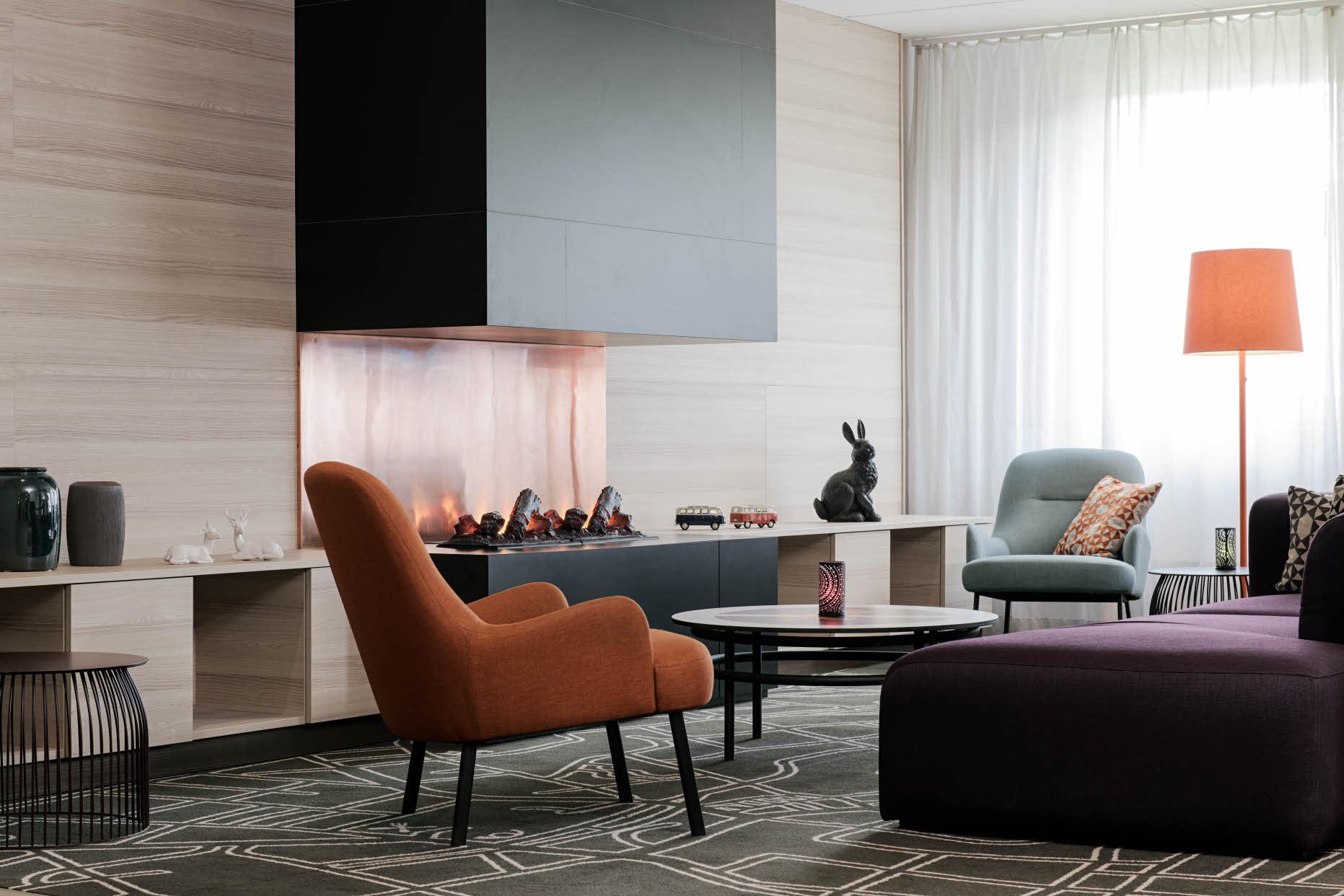 Scandic Segevang, lobby, fireplace