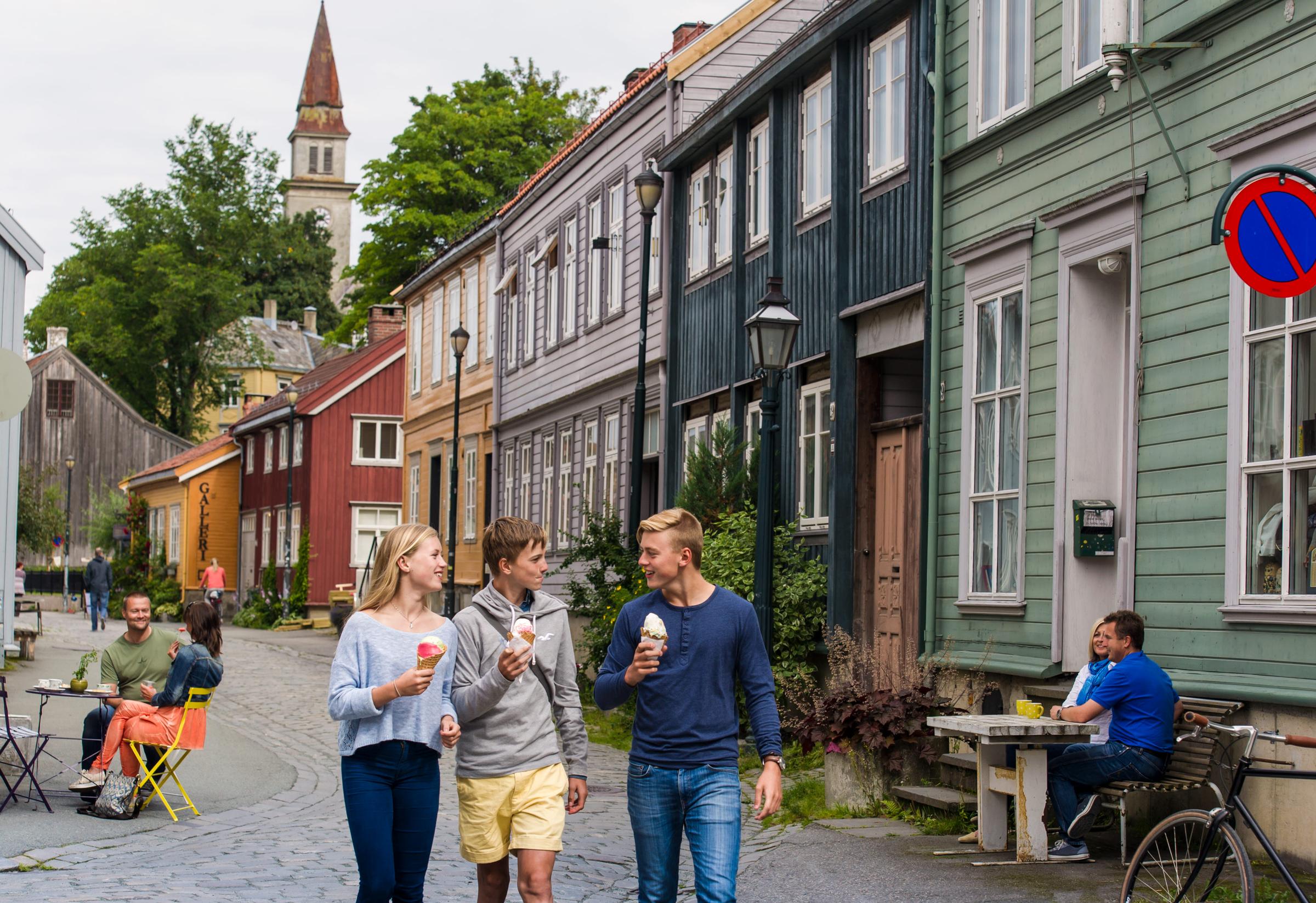 People strolling along Bakklandet, Trondheim