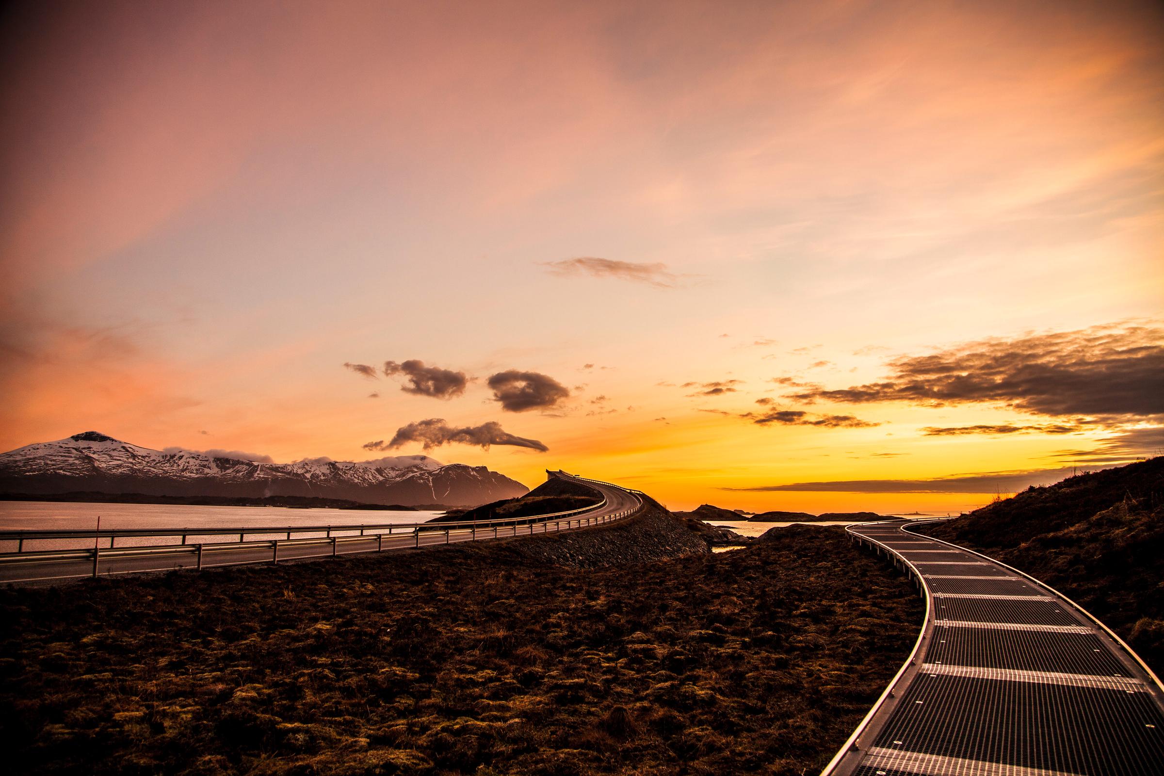A beautiful sunset at the Atlantic Road in Norway, This road is one of Norways most known pieces of road.