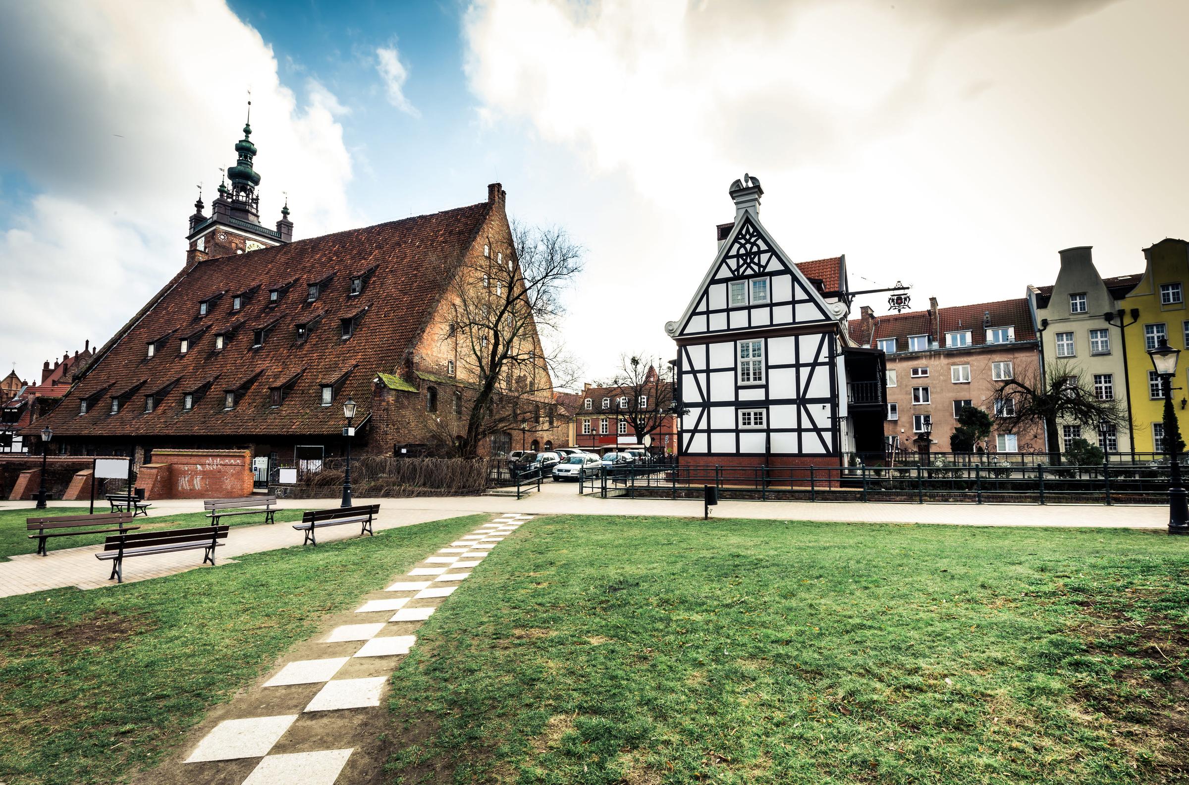 Historical Miller's House on the Mill Island in Gdansk and other old houses in cener of Gdansk, Poland