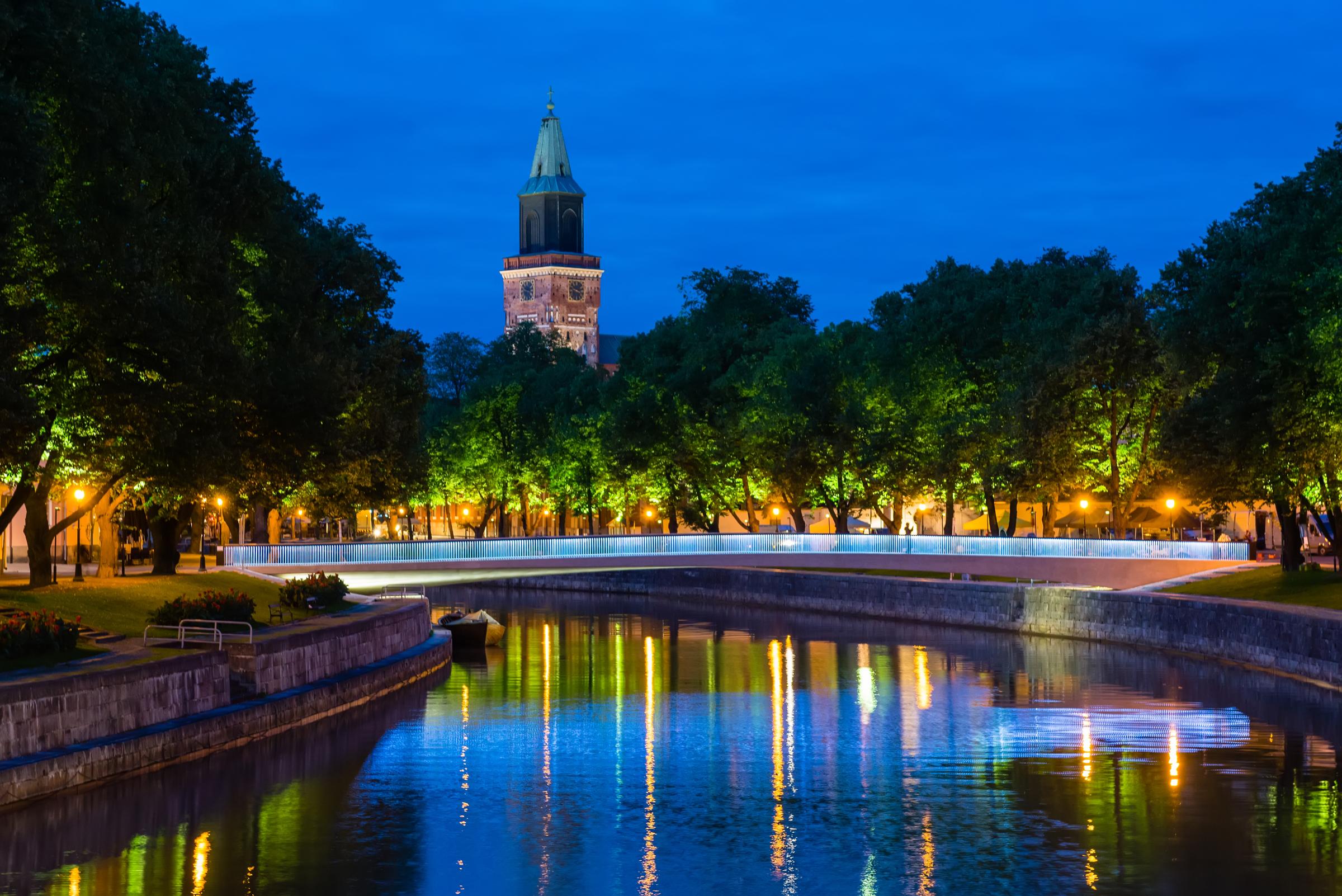Night view of Turku. River through the city.