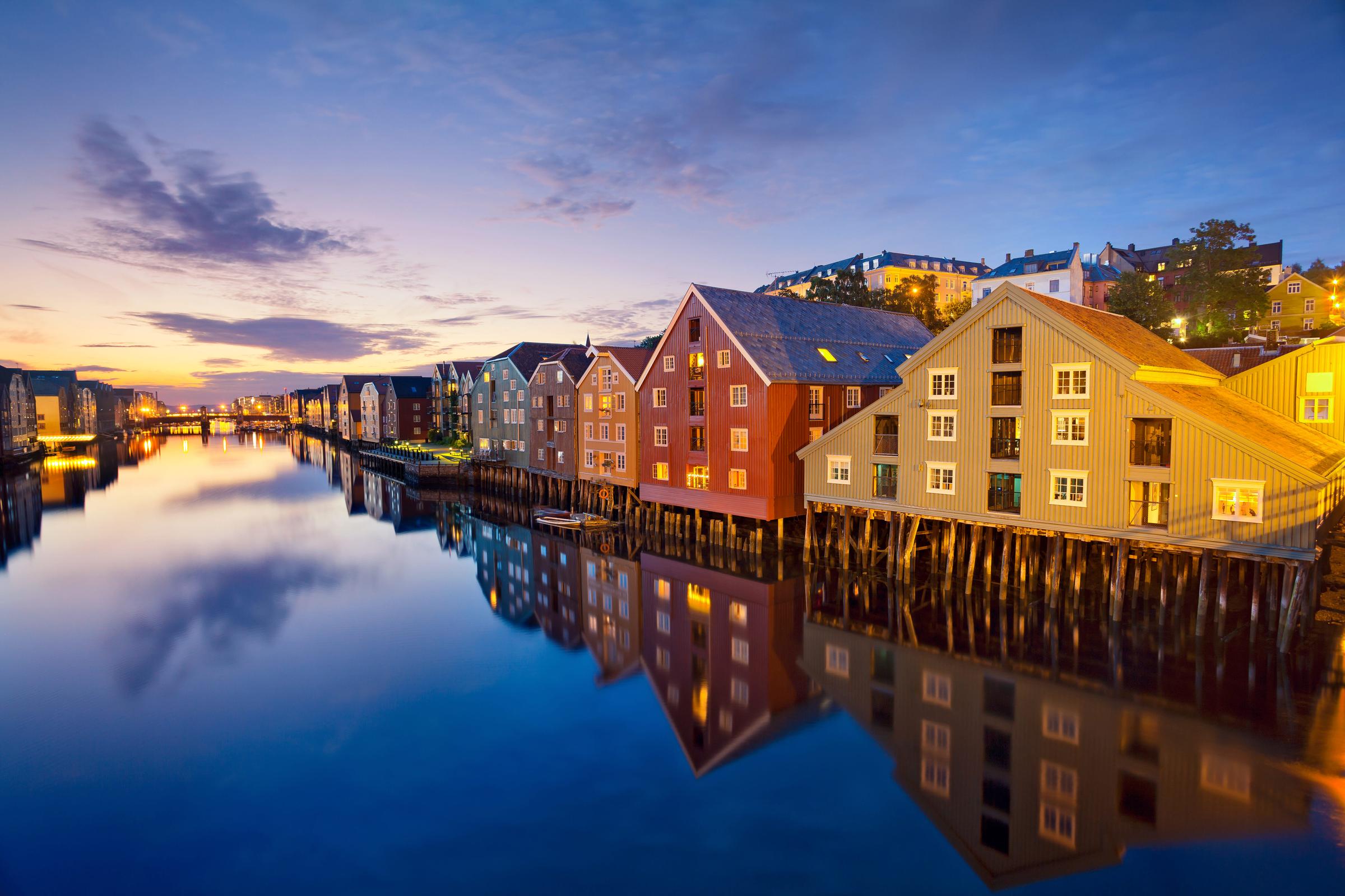 Houses, Row, Harbor, Sunset