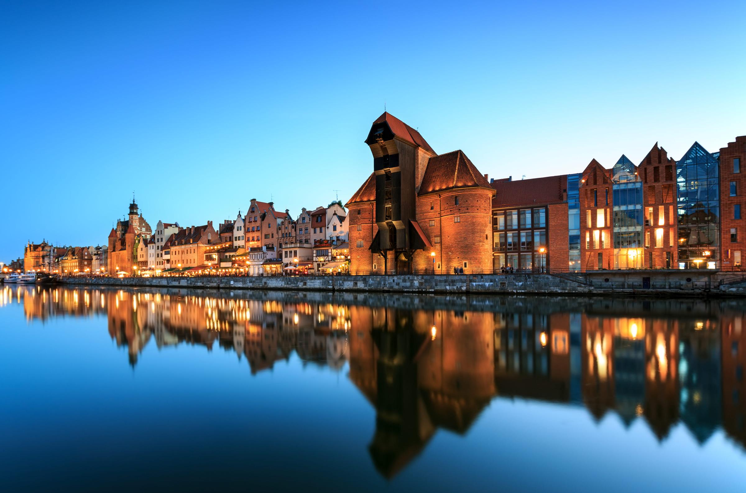 Gdansk old town View from the river to the old town in Gdansk at night
