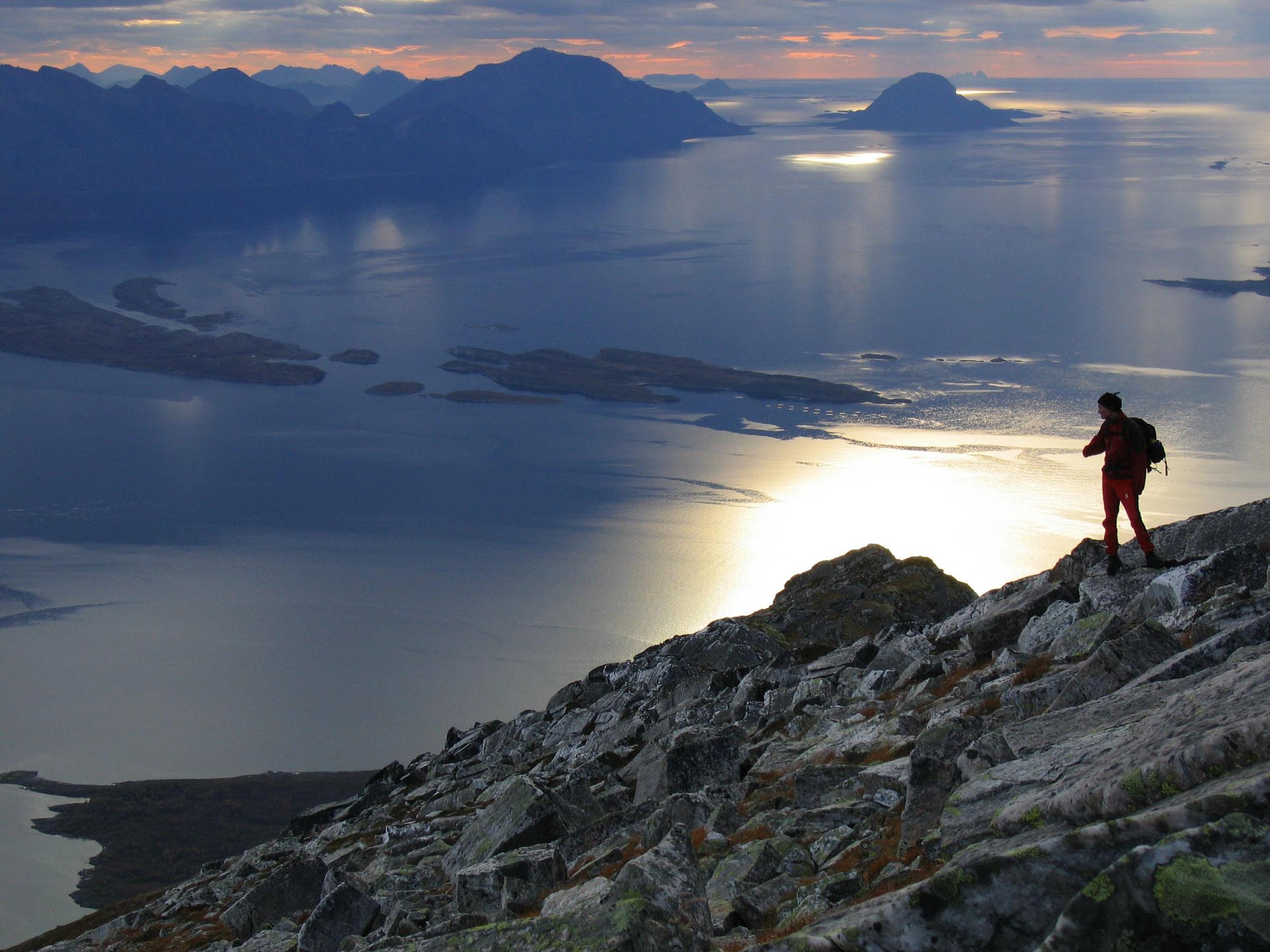 Hiking during sunset in mountains in Bodø