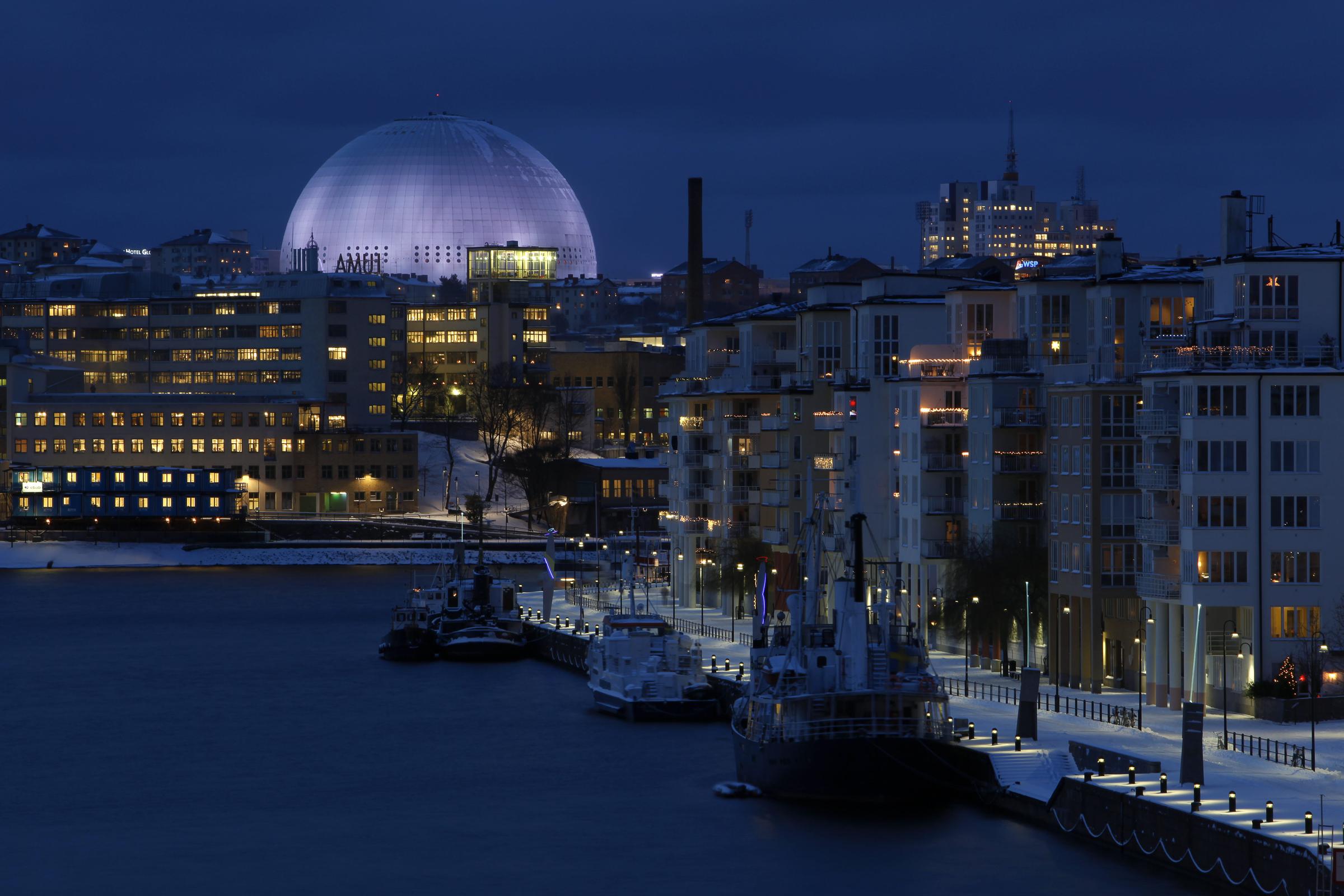 View of Stockholm by night with the Globe in the backround