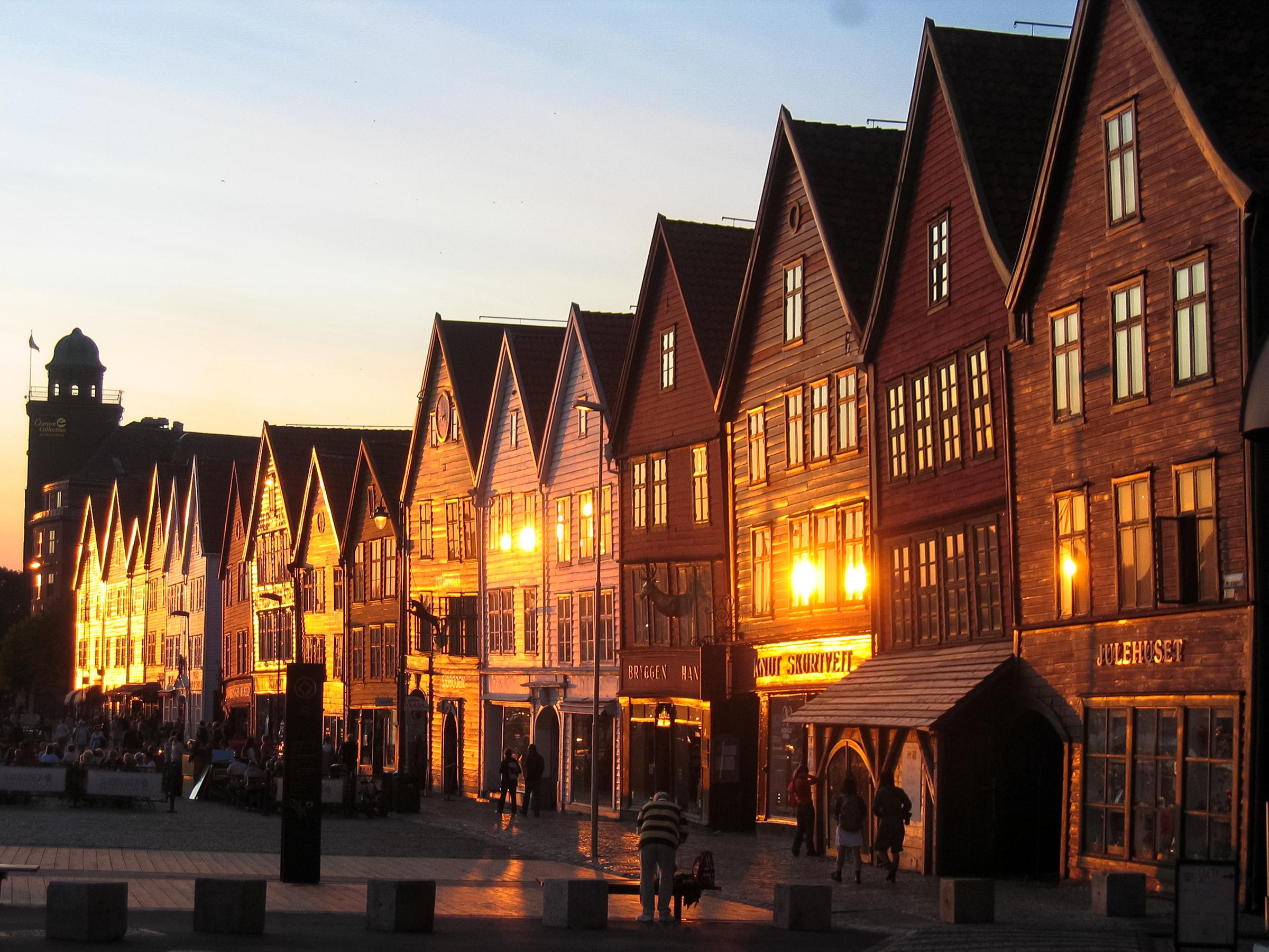 Bergen typical woodden houses at sunset