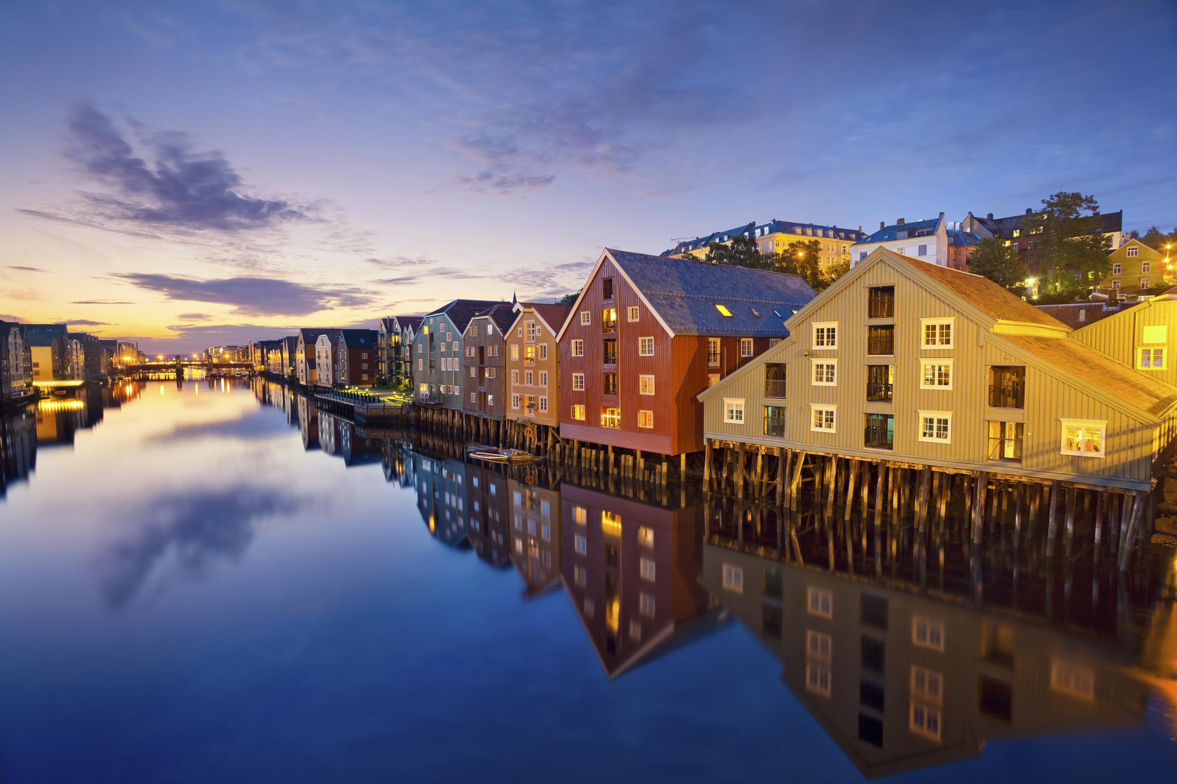 Houses, Row, Harbor, Sunset