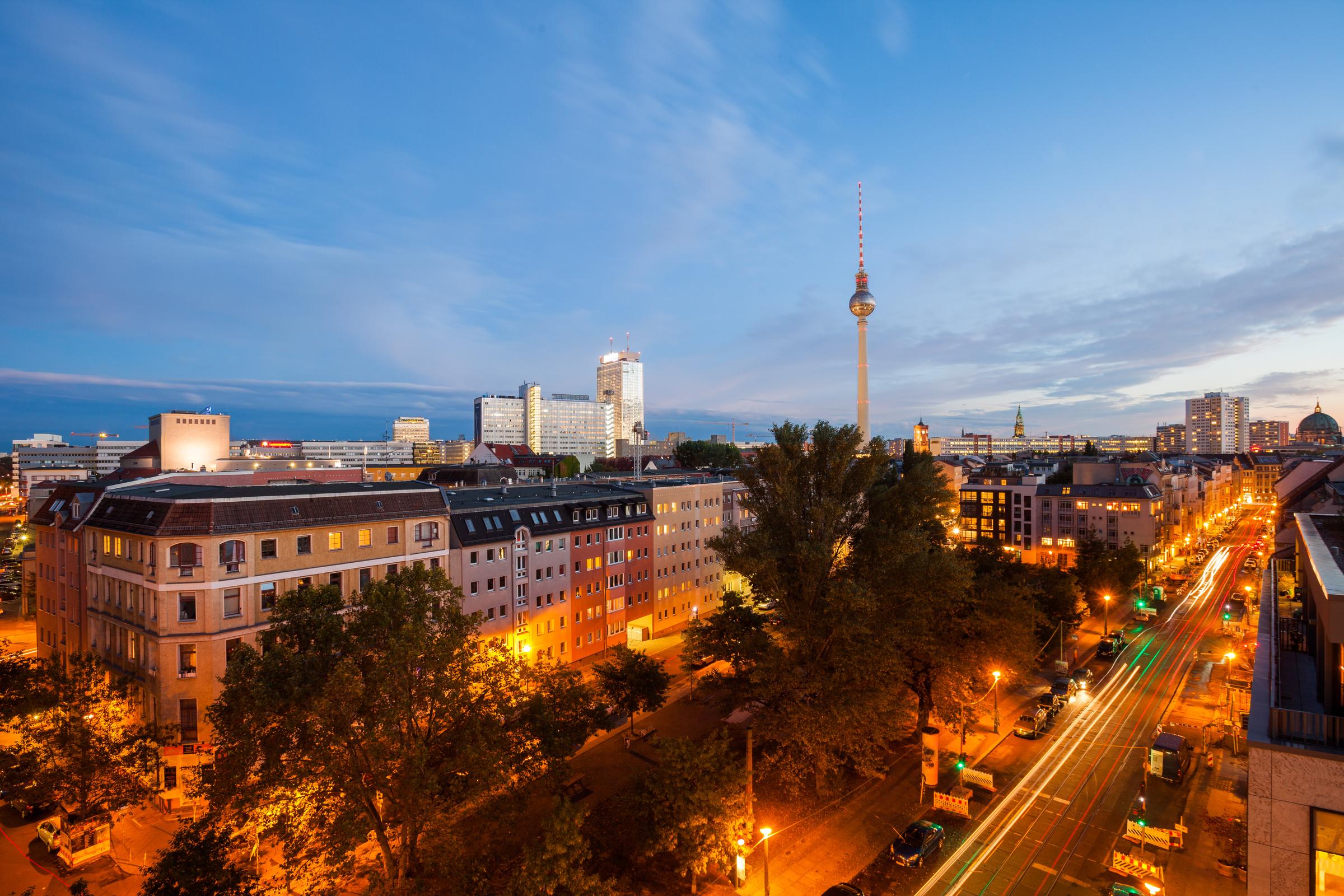 Berlin's Alexanderplatz and Fernsehturm at twilight