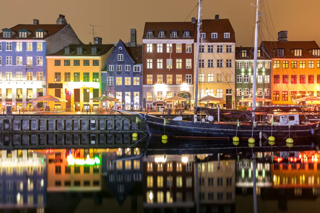 Copenhagen Nyhavn, New port of Copenhagen, at night in Denmark